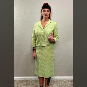 60s Spring Green 3 pc Bobbie Bee Walking Suit Wool Lucite Buttons Clutch M